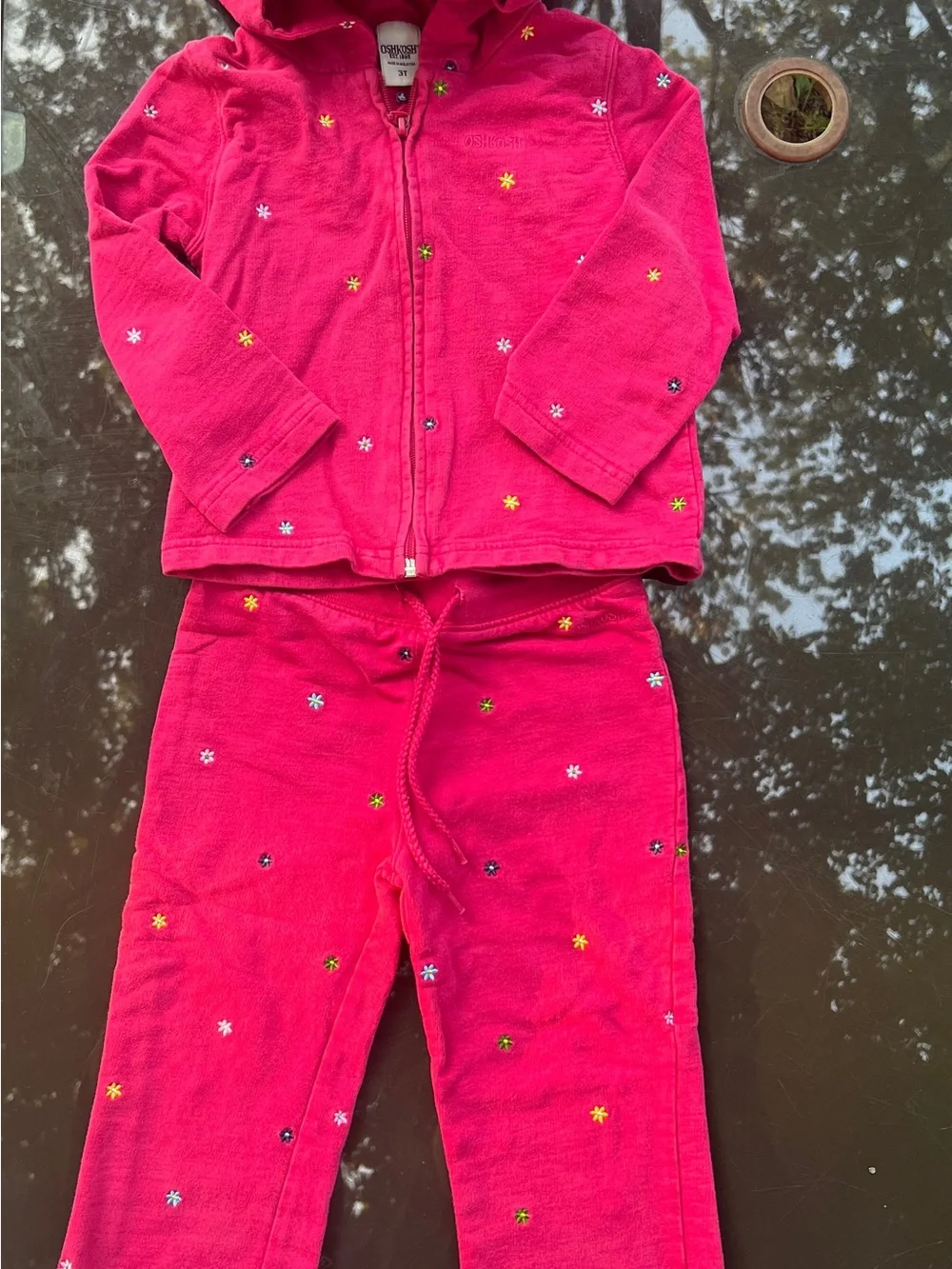 Y2K OshKosh Girls 3T 2pc Pink Floral Embroidered Zip Hoodie & Pants Set